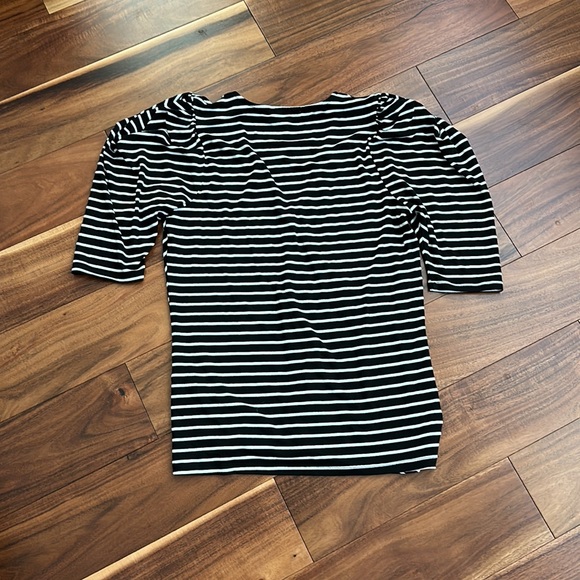 FRAME CHEVRON STRIPED VNECK TOP PUFF SLEEVES SIZE SMALL SHIRRED FRONT - Picture 6 of 7